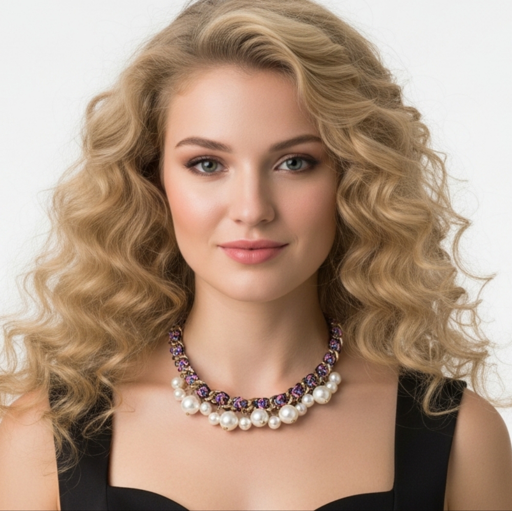 Ellie Purple Crystal Faux Pearl Braided Statement Necklace NWT